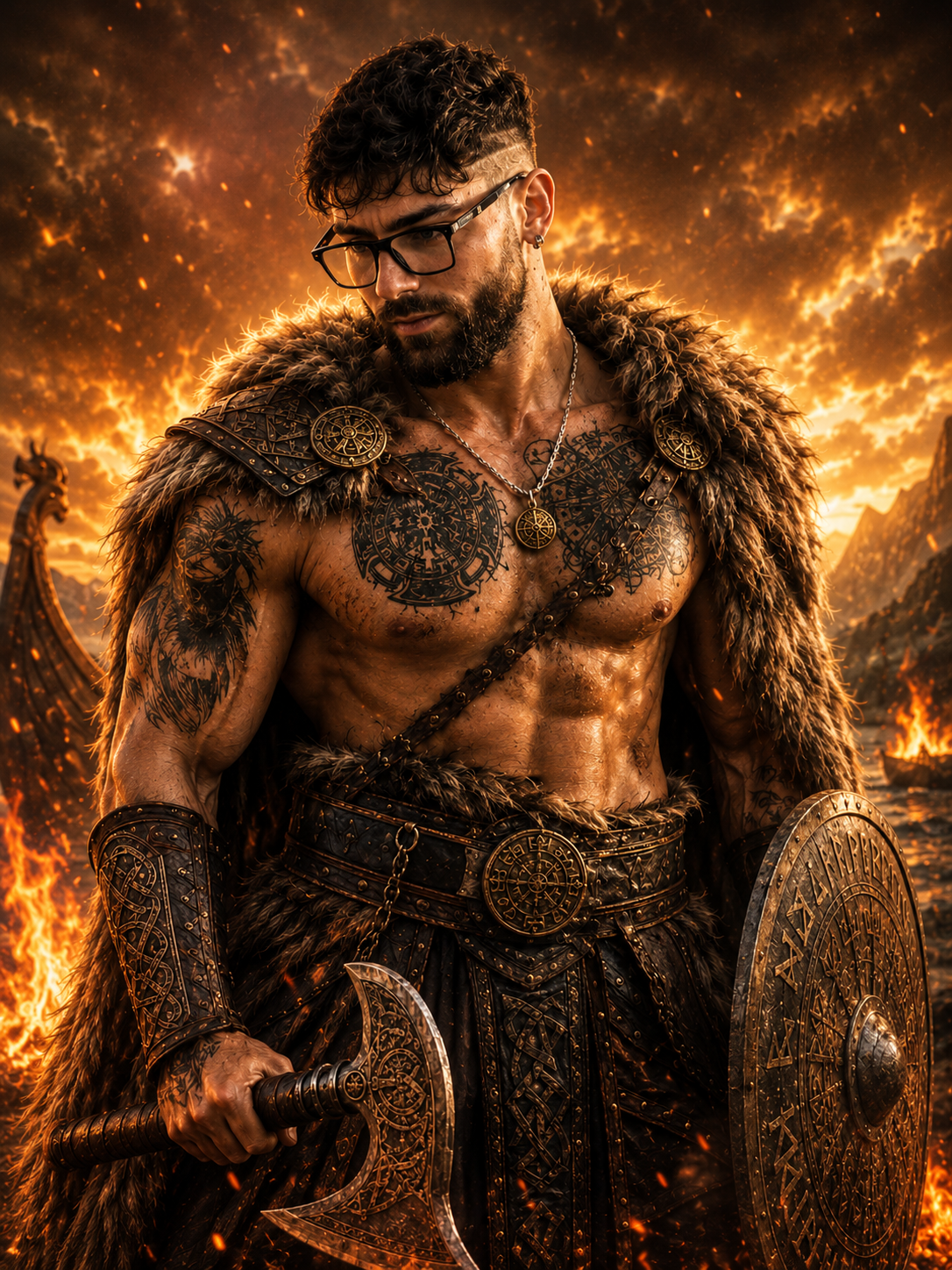 O guerreiro — Léo retratado como viking, de machado e escudo diante do fogo